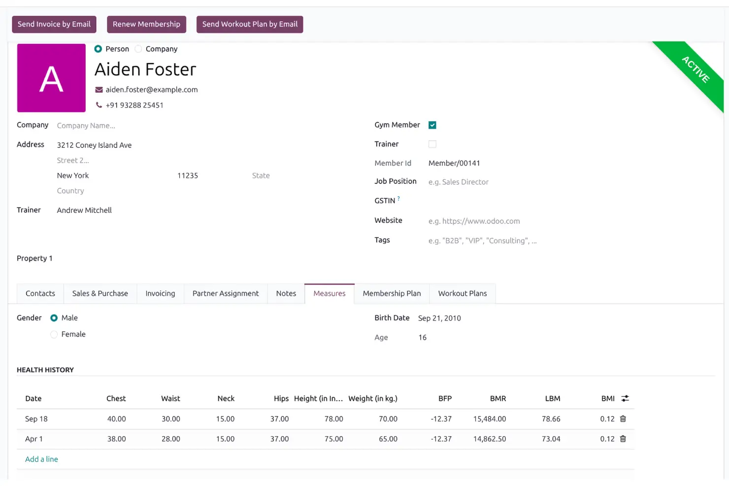 Gym member profile showing health history, body measurements, BMI, BMR, and fitness progress tracking
